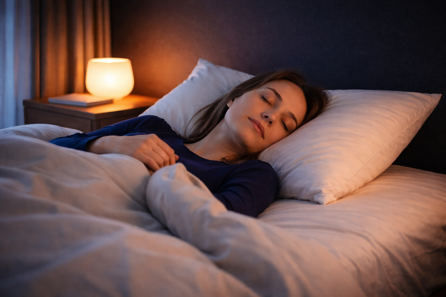 Woman peacefully falling asleep in a calm bedroom with warm lighting, illustrating techniques to fall asleep faster