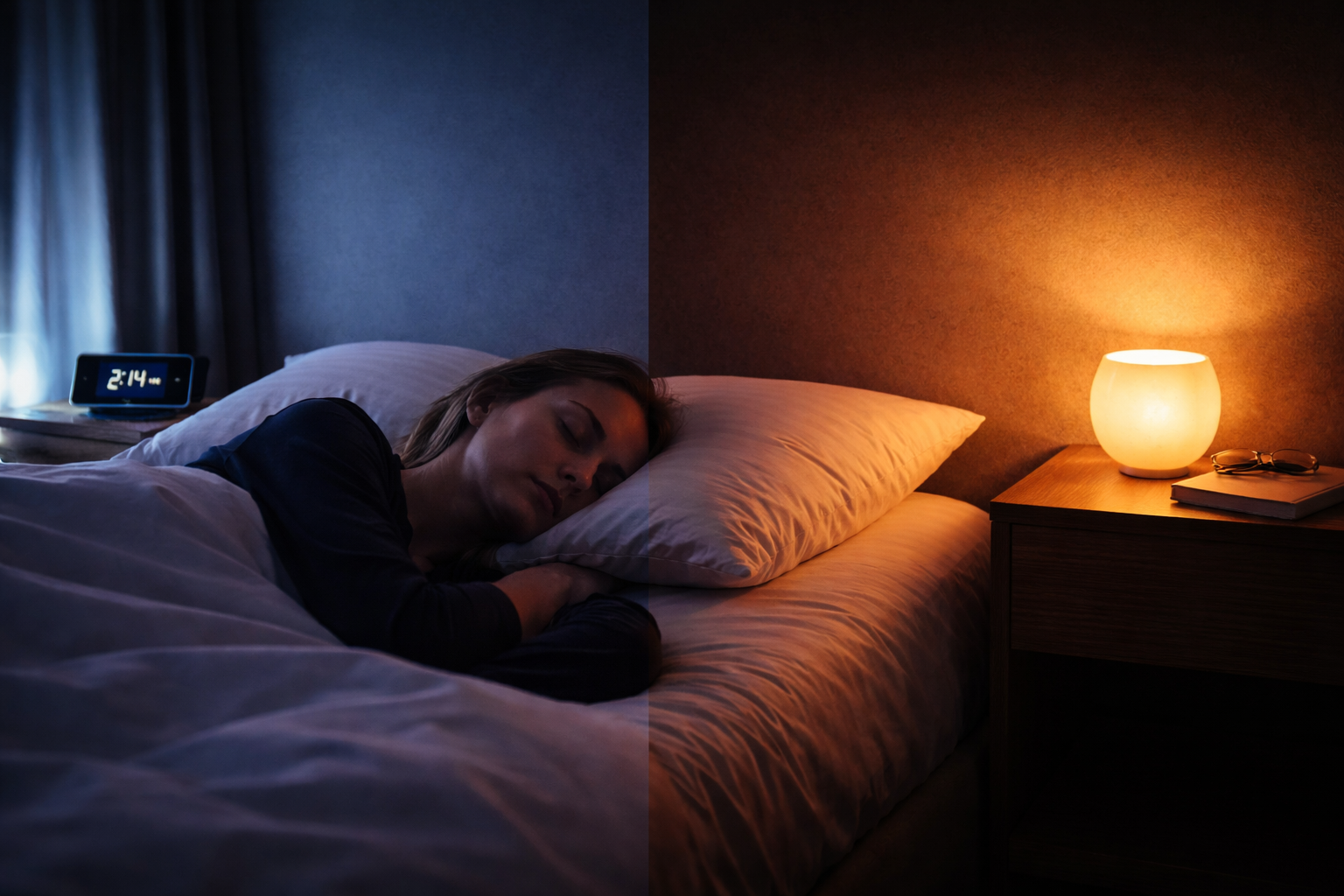 Split bedroom showing cool blue light versus warm dim light, illustrating how light exposure affects sleep and circadian rhythm
