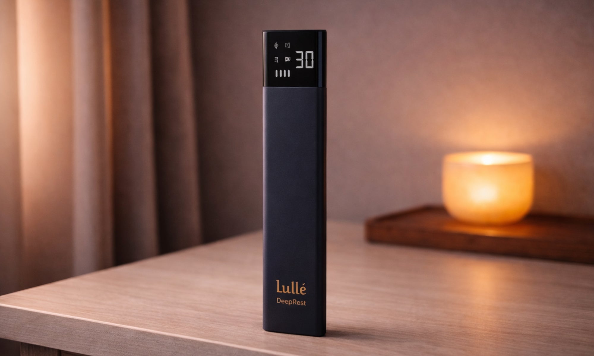 Lullé DeepRest sleep speaker standing on a bedside table with soft ambient lighting